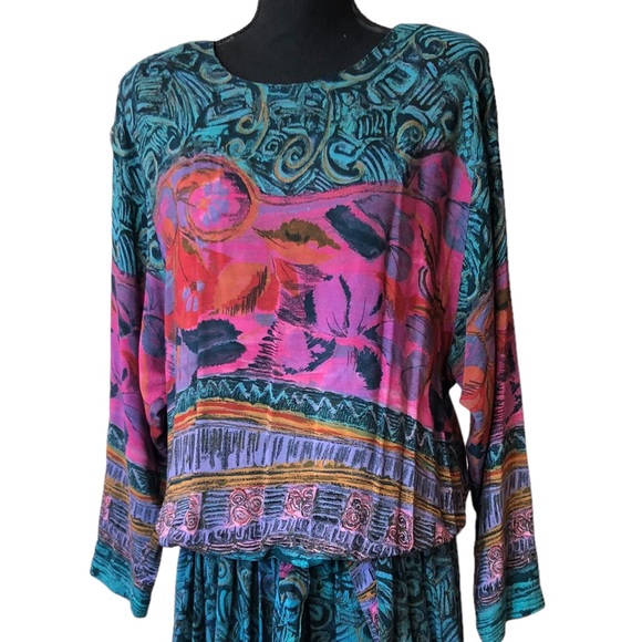 VTG Carole Little Vibrant Print Blouson Drop Waist Dress - Picture 6 of 15